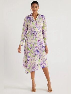 Scoop Colorful Tie Dye Faux Wrap Shirt Dress Asymmetrical Hem Size L NWT